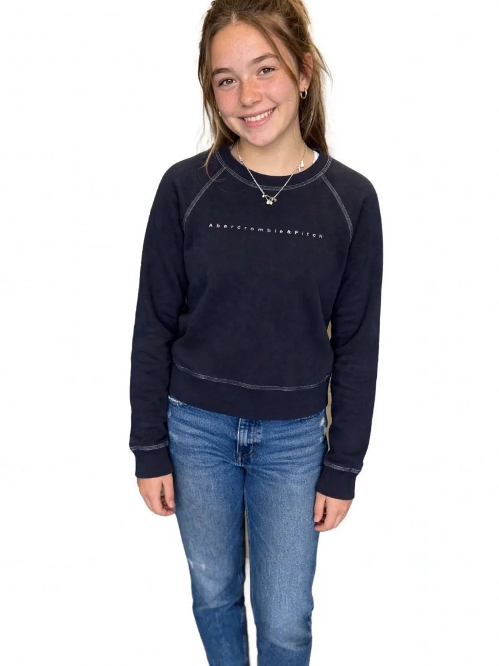 Abercrombie & Fitch Size Small Dark Navy Logo Crew Sweatshirt Y2K Normcore